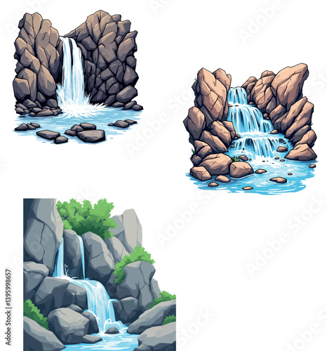 Vsai waterfalls flowing through rocks in nature illustrations