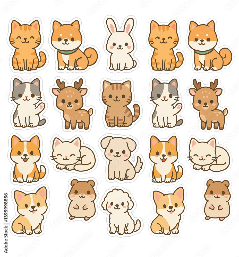 Cute Kawaii sheet of Animals Stickers isolated background Cute Kawaii sheet of Animals Stickers isolated background