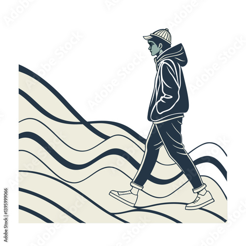 Man on Walk Illustration: The illustrated image captures a solitary man embarking on a journey. This graphic illustration is perfect for representing themes of travel, independence.
