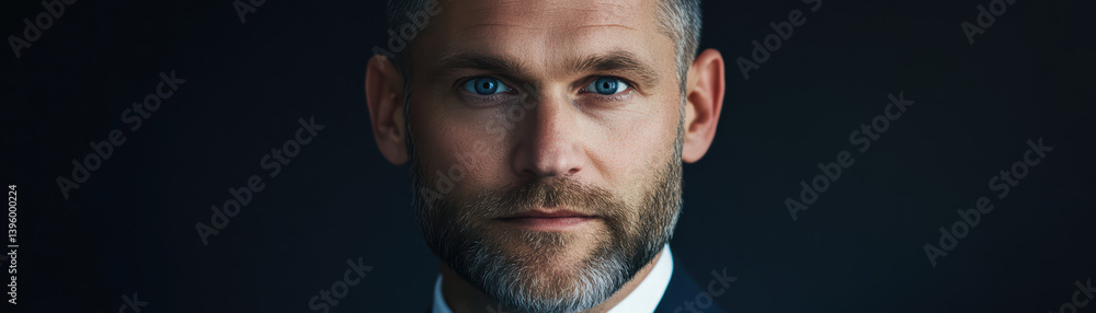 Obraz premium A sophisticated man with a distinguished gaze and a salt-and-pepper beard, dressed in a tailored suit, exudes an aura of confidence and composure.
