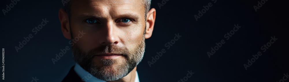 Fototapeta premium Contemplative Stare: A sophisticated, older man's portrait in a dark-lit atmosphere, capturing a moment of quiet contemplation and seasoned experience. 