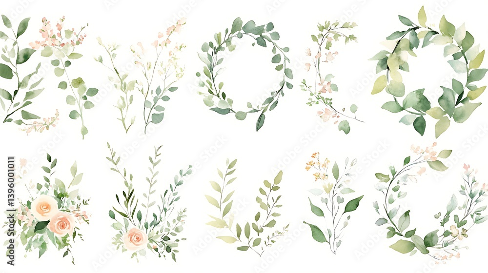 custom made wallpaper toronto digitalCharming watercolor floral wreath featuring greenery and herbs, beautifully crafted for elegant wedding stationery and romantic decor themes.