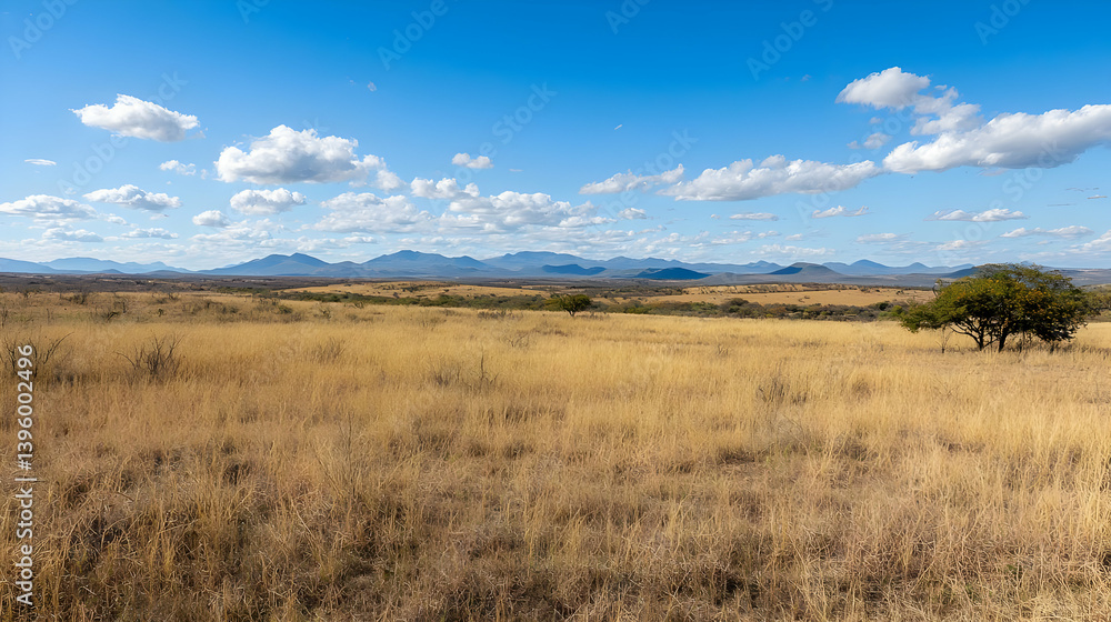 Panoramic View Of A Dry Savanna Landscape Under Sunny Sky Panoramic View Of A Dry Savanna Landscape Under Sunny Sky
