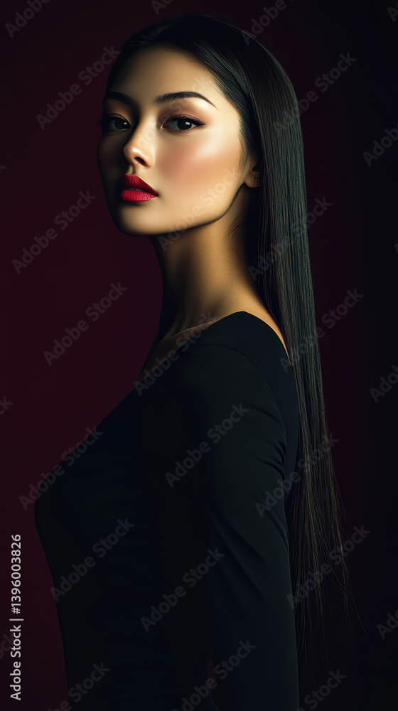 Elegance in Silhouette: A captivating portrait of a woman with flowing dark hair, radiant skin, and striking red lipstick, posing gracefully against a deep crimson backdrop. Elegance in Silhouette: A captivating portrait of a woman with flowing dark hair, radiant skin, and striking red lipstick, posing gracefully against a deep crimson backdrop.