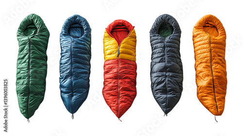 Pack Sleeping Bag Set in Different Poses Against Transparent Background for Camping, Outdoor Gear, or Travel Equipment Design