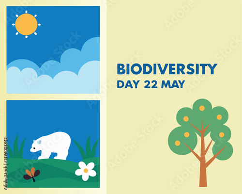 Biodiversity Day 22 May Illustration: Sun, Mountains, Polar Bear, Flower.