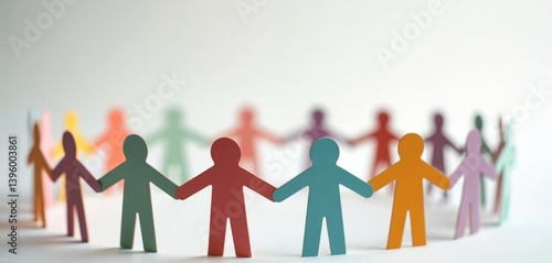 Paper people chain forming circle. Diverse colorful cutout figures holding hands represent unity, community, teamwork. Support, solidarity, inclusion, global connection, international collaboration.