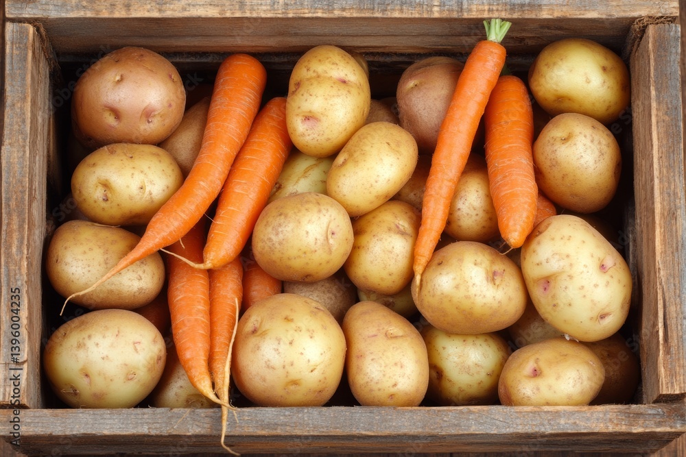 Freshly harvested carrots, potatoes, and onions fill a wooden crate, showcasing the bounty of the farm. This rustic display captures the essence of seasonal produce and farm life Freshly harvested carrots, potatoes, and onions fill a wooden crate, showcasing the bounty of the farm. This rustic display captures the essence of seasonal produce and farm life