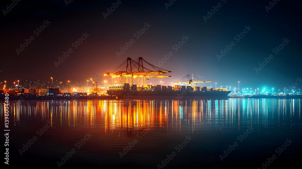 Nighttime Container Port With Crane Reflections Nighttime Container Port With Crane Reflections