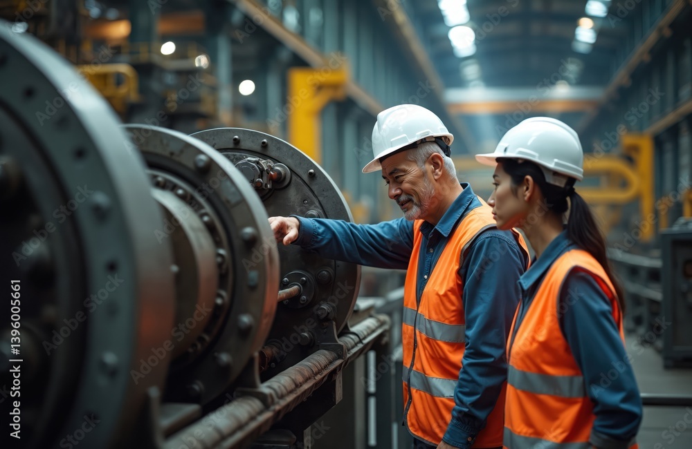 custom made wallpaper toronto digitalSenior male engineer, Asian female engineer examine heavy machinery component in industrial factory setting. Both wear safety gear including helmets, orange vests. Collaboration project maintenance,