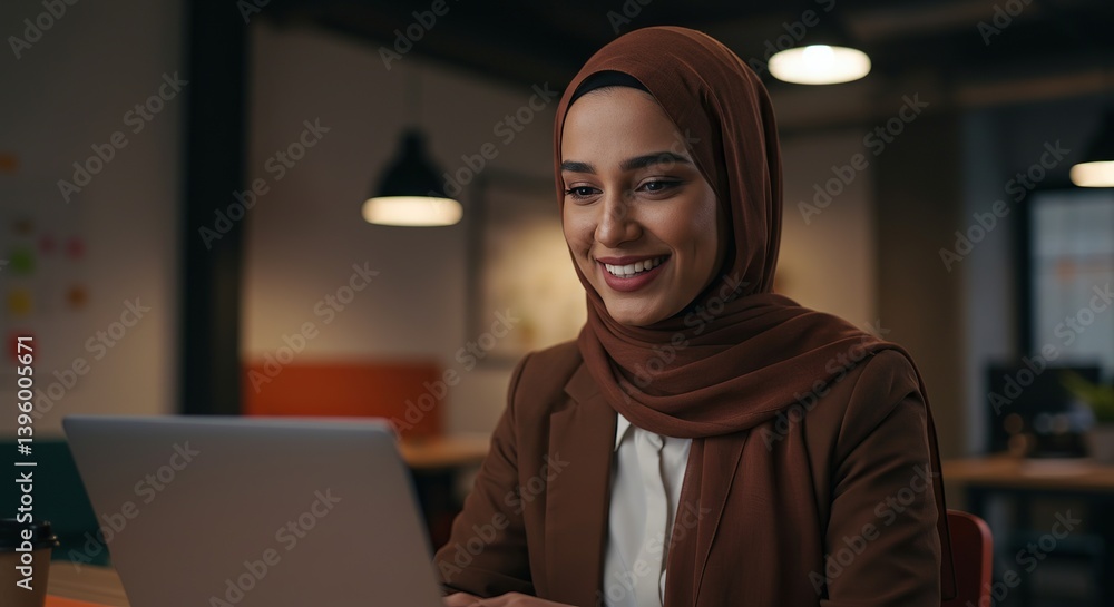 Confident Muslim businesswoman working on laptop at night, smiling and focused on her project. Achieving success in modern business. Confident Muslim businesswoman working on laptop at night, smiling and focused on her project. Achieving success in modern business.