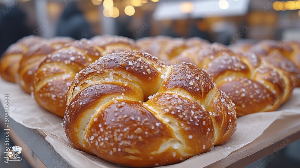 Freshly Baked Braided Bread with Crystalline Sugar Topping Displayed on a Wooden Tray for Sale Freshly Baked Braided Bread with Crystalline Sugar Topping Displayed on a Wooden Tray for Sale