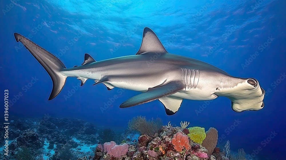 Fototapeta premium Hammerhead shark swimming gracefully over vibrant coral reef in clear blue ocean waters