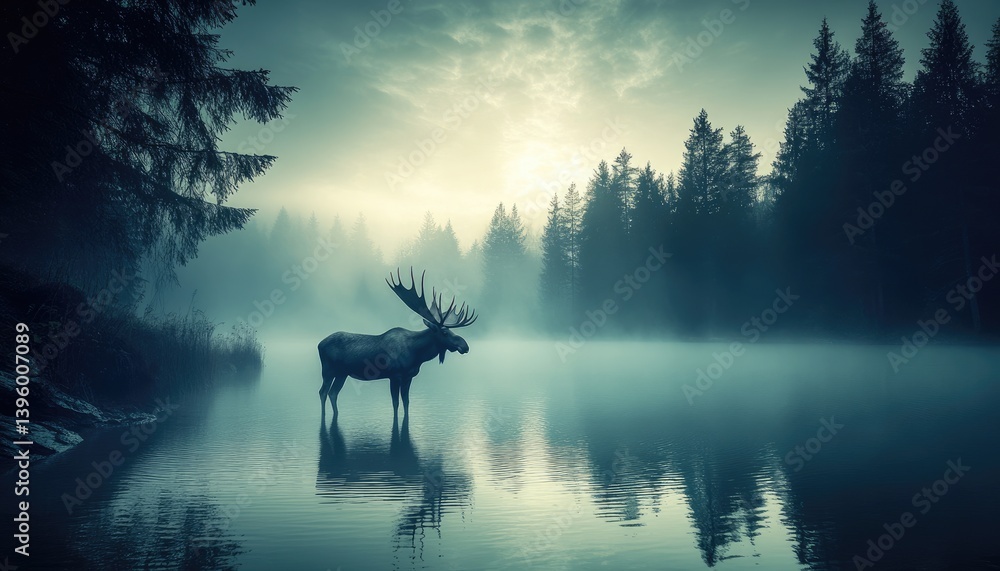 Moose stands in a serene lake enveloped in mist with silhouetted trees under a soft glow creating a peaceful, atmospheric scene. Moose stands in a serene lake enveloped in mist with silhouetted trees under a soft glow creating a peaceful, atmospheric scene.