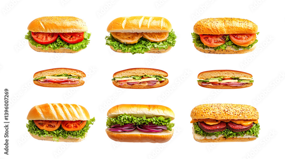 Pack Sandwiches Set in Different Poses Against Transparent Background for Food Branding, Restaurant Menus, or Culinary Design Pack Sandwiches Set in Different Poses Against Transparent Background for Food Branding, Restaurant Menus, or Culinary Design