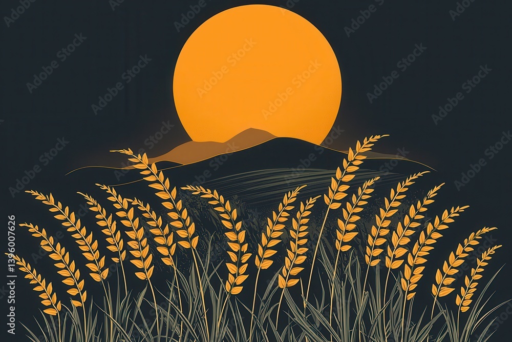 Fototapeta premium A minimalist depiction of golden wheat stalks under a large glowing moon