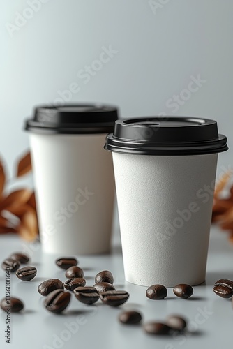 Two takeaway coffee cups with coffee beans for a fresh brewed experience