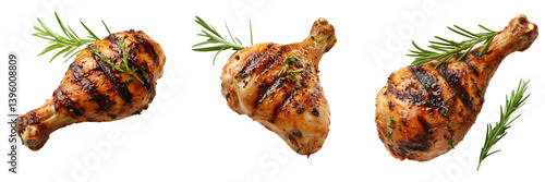 Set of Close-up shot of a perfectly grilled chicken leg, with crispy skin and juicy interior on transparent png background. Ai generated