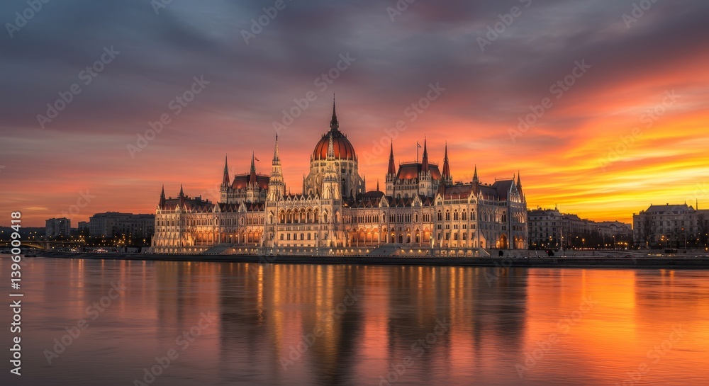 Obraz premium Budapest Parliament Building Sunset Reflection - Majestic Hungarian Parliament building illuminated at sunset, reflecting on the Danube River. Symbolizing history, architecture, beauty, nationhood