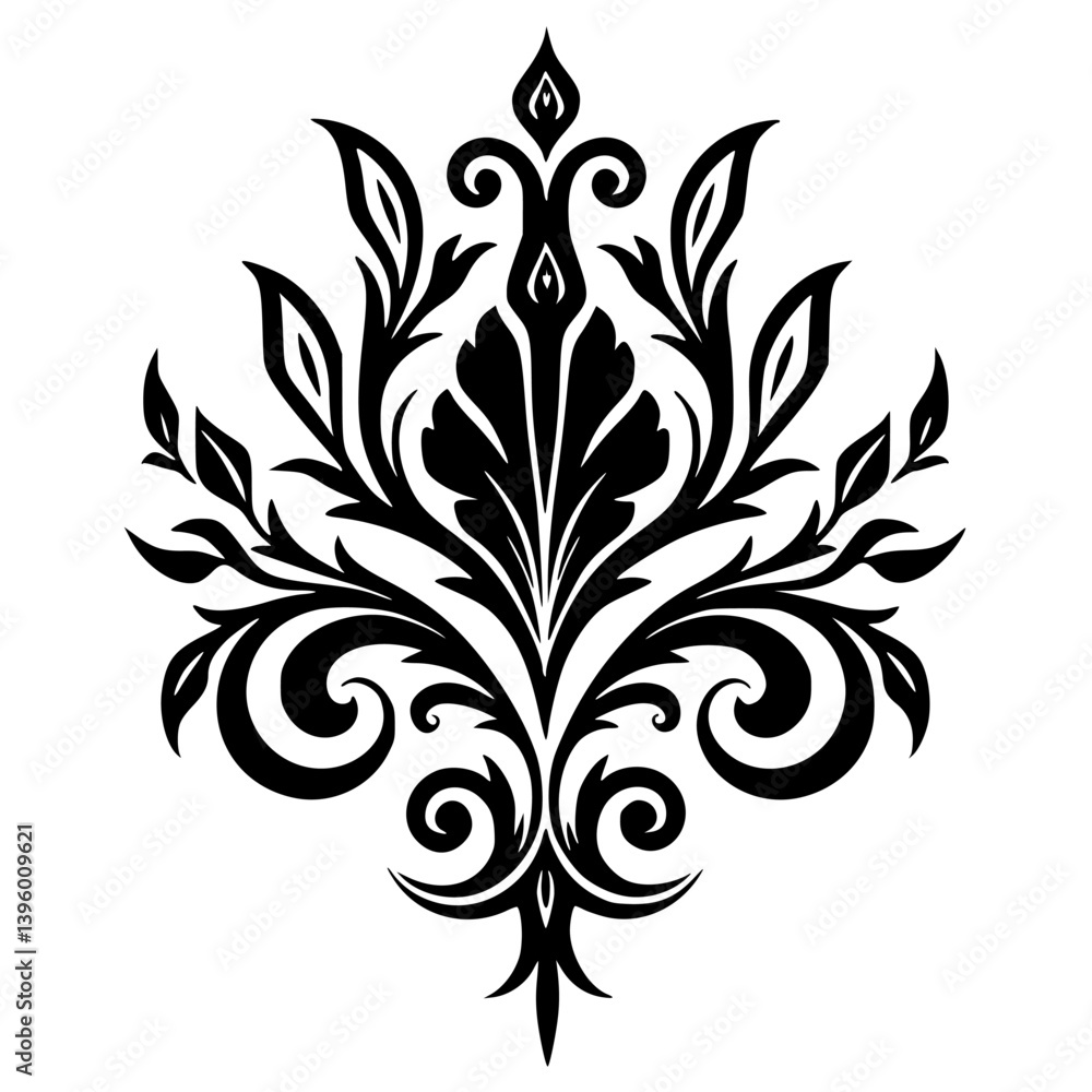 Obraz premium Elegant Black Damask Floral Vector Design on White, Ornament