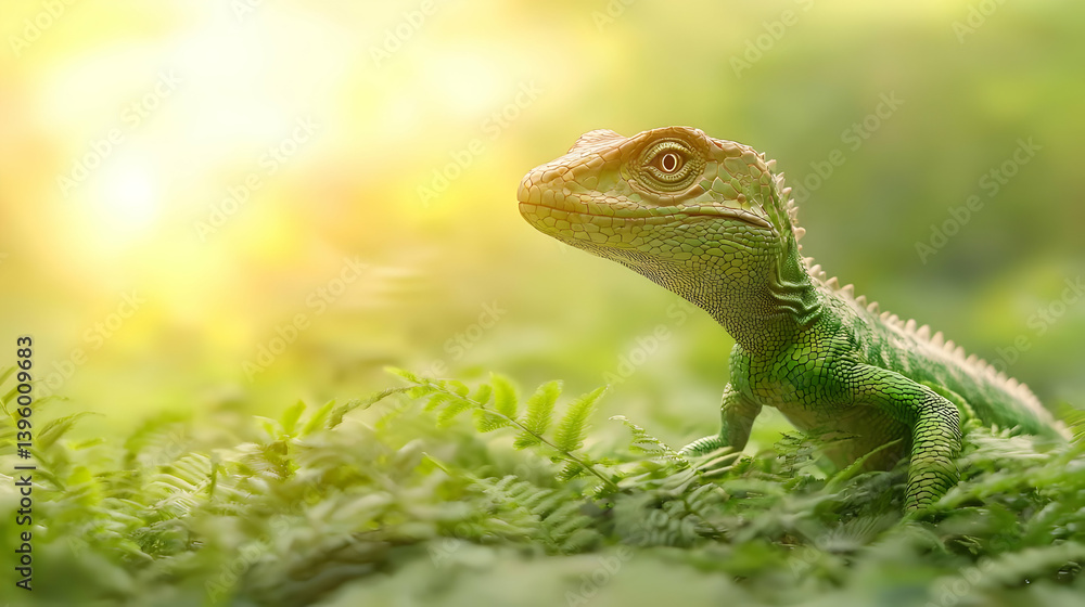 Obraz premium Green Lizard In Lush Forest Sunlight