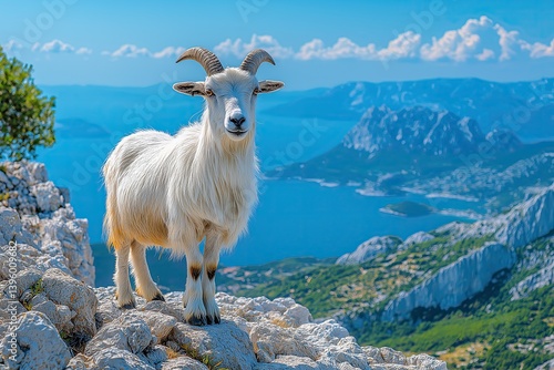 White Mountain Goat Standing on Rocky Cliff Above Coastal Landscape