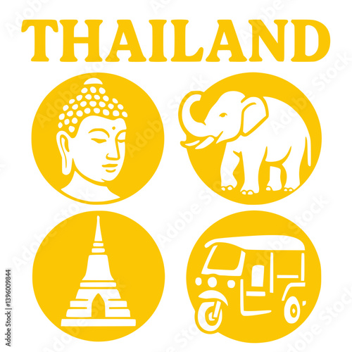 thailand, asia, buddha, elephant, temple, tuk tuk, vehicle, destination, logo, circles, round, symbols, badges, sticker, icons, sign, t-shirt, print, 