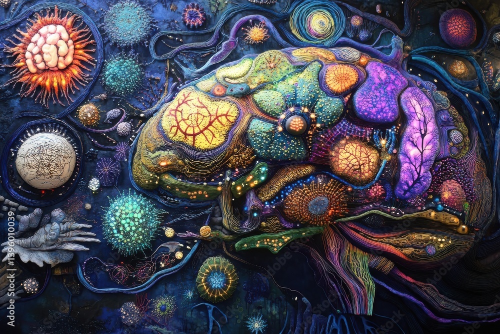 Fototapeta premium A vibrant and colorful depiction of a human brain surrounded by abstract shapes and swirling patterns art