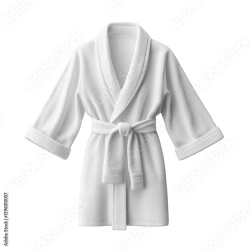 Fluffy white bathrobe. Terry cloth robe with belt. Isolated on black. Soft fabric dressing gown. Comfortable spa garment. Hotel bath robe.