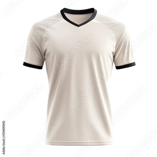 Wallpaper Mural Beige short sleeve shirt. V neck with black trim. Textured pattern on sleeves. Sports uniform template on black background. Casual apparel mockup. Torontodigital.ca