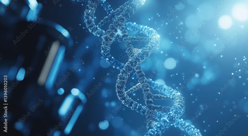 Close-up visualization of DNA sequences in a microscopic setting under blue light Close-up visualization of DNA sequences in a microscopic setting under blue light