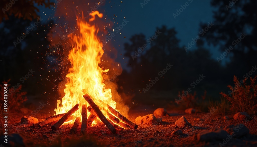 Bonfire burns brightly at night. Flames, sparks and glowing embers create warm atmosphere during festival. Celebration of Lohri, Holi or Holika Dahan festival, with fire ritual. Bonfire burns brightly at night. Flames, sparks and glowing embers create warm atmosphere during festival. Celebration of Lohri, Holi or Holika Dahan festival, with fire ritual.