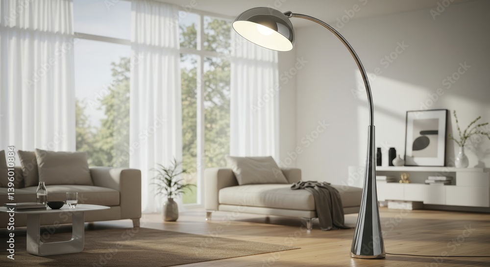 Fototapeta premium Chrome Floor Lamp in Modern Living Room - Modern living room interior design, featuring a stylish chrome floor lamp illuminating the space. Concepts: elegance, contemporary , bright interior