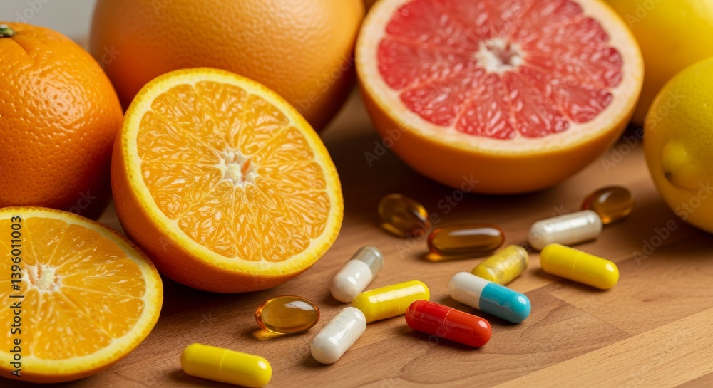 Fototapeta premium Citrus Fruits and Supplements - Close-up of sliced oranges, grapefruit, and lemon with various vitamin capsules on a wooden surface. Healthy lifestyle concept