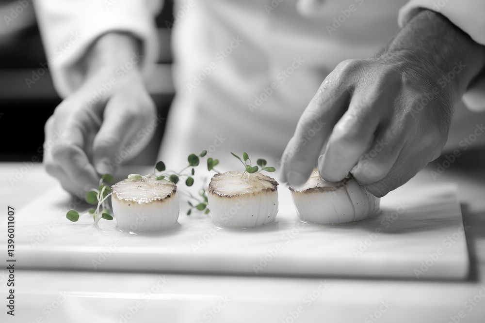 Chef delicately places seared scallops on a white plate, garnished with fresh herbs. Chef delicately places seared scallops on a white plate, garnished with fresh herbs.