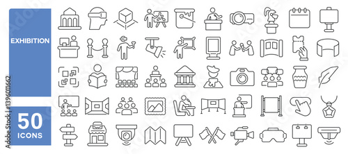 Set of 50 line icons related to exhibition, artwork, gallery, virtual, show, presentation, exhibit, exposition, Editable stroke. Vector illustration