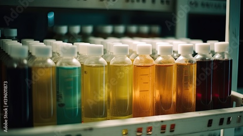 Plastic Bottles with Colorful Chemical Liquids on Laboratory Storage Rack