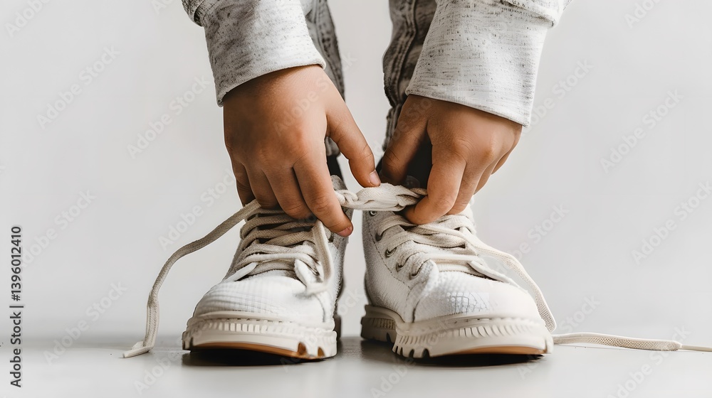 A kid trying to tie they're shoes incorrectly. A kid trying to tie they're shoes incorrectly.
