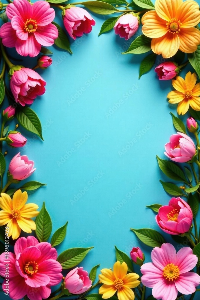 Fototapeta premium Vibrant spring blooms, fisheye lens distortion, colorful floral frame , lens flare, frame