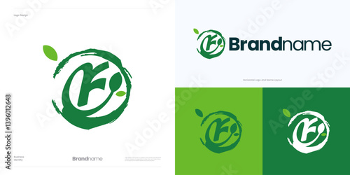 Letter F green leaf logo icon design vector editable, Symbol initial F fresh sign concept with leaf or leaves and circle brushstroke for nature, Usable for fresh food and brand identity business.