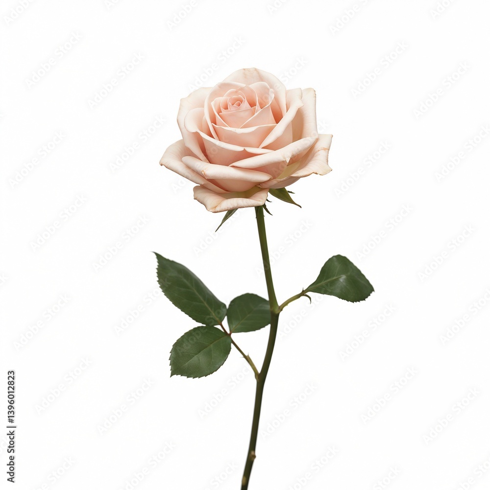 Naklejka premium Single Pale Pink Rose on White Background – Elegant Floral Element for Romantic Designs, Editorial Use, Botanical Illustrations, and Greeting Card Projects