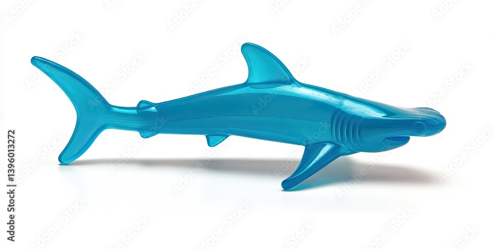 Obraz premium A vibrant blue plastic shark toy resting on a clean white surface, ideal for children's playtime