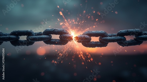 breaking chains transforming into beams of light, symbolizing the release of potential and the achievement of true asset freedom