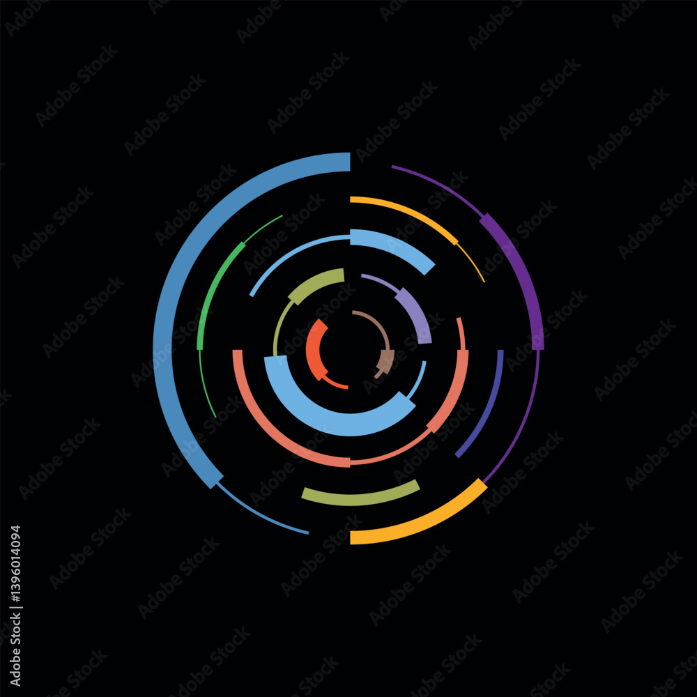 Colorful and dashed circular lines expanding from the center outwards. Vector symbol. Colorful and dashed circular lines expanding from the center outwards. Vector symbol.