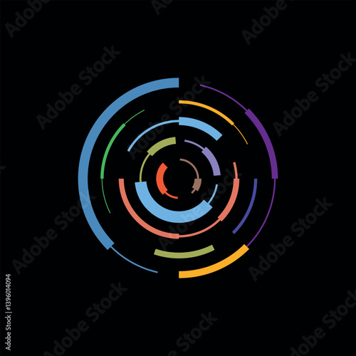Colorful and dashed circular lines expanding from the center outwards. Vector symbol.