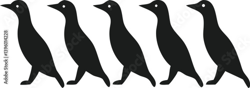 Five Silhouetted Penguins Walking in a Row, Black, Antarctic Birds
