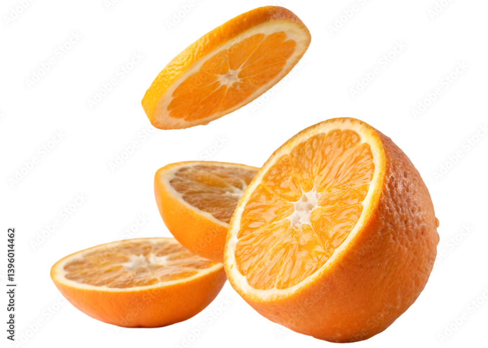 Falling orange isolated on transparent background Generative Ai. Falling orange isolated on transparent background Generative Ai.