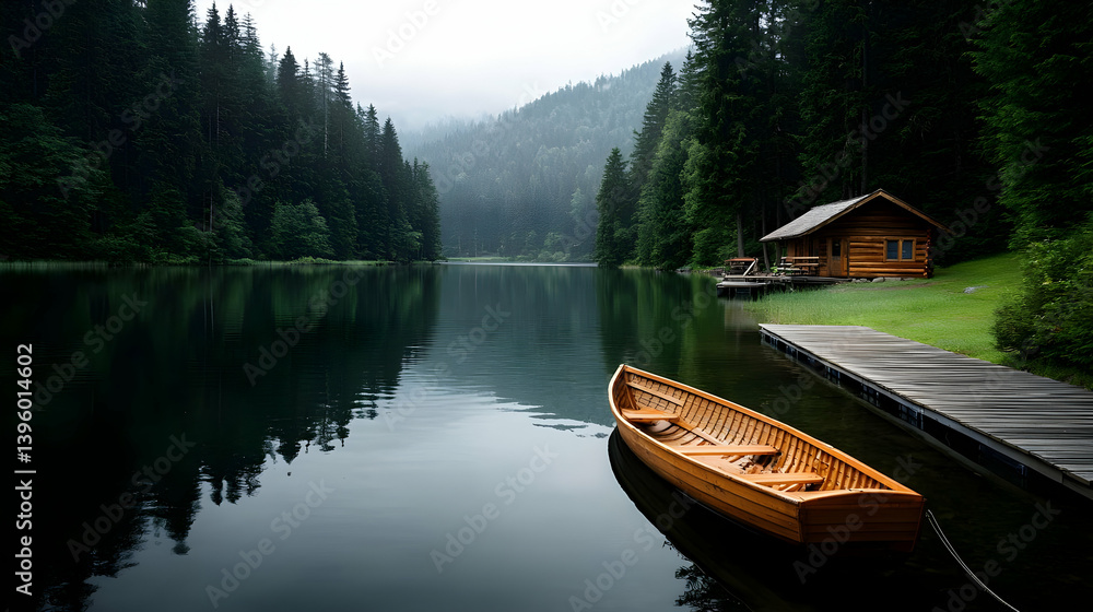 Wooden Boat On Calm Lake With Cabin And Forest Wooden Boat On Calm Lake With Cabin And Forest