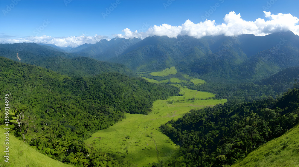 Naklejka premium Panoramic View Of Lush Valley And Mountainous Terrain