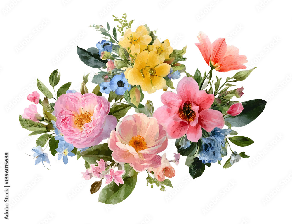 Obraz premium Beautiful floral bouquets and arrangements illustration. Watercolor pink, yellow, blue flowers and green leaf on white background. Spring botanical open wreaths for cards, invitations, greetings.
